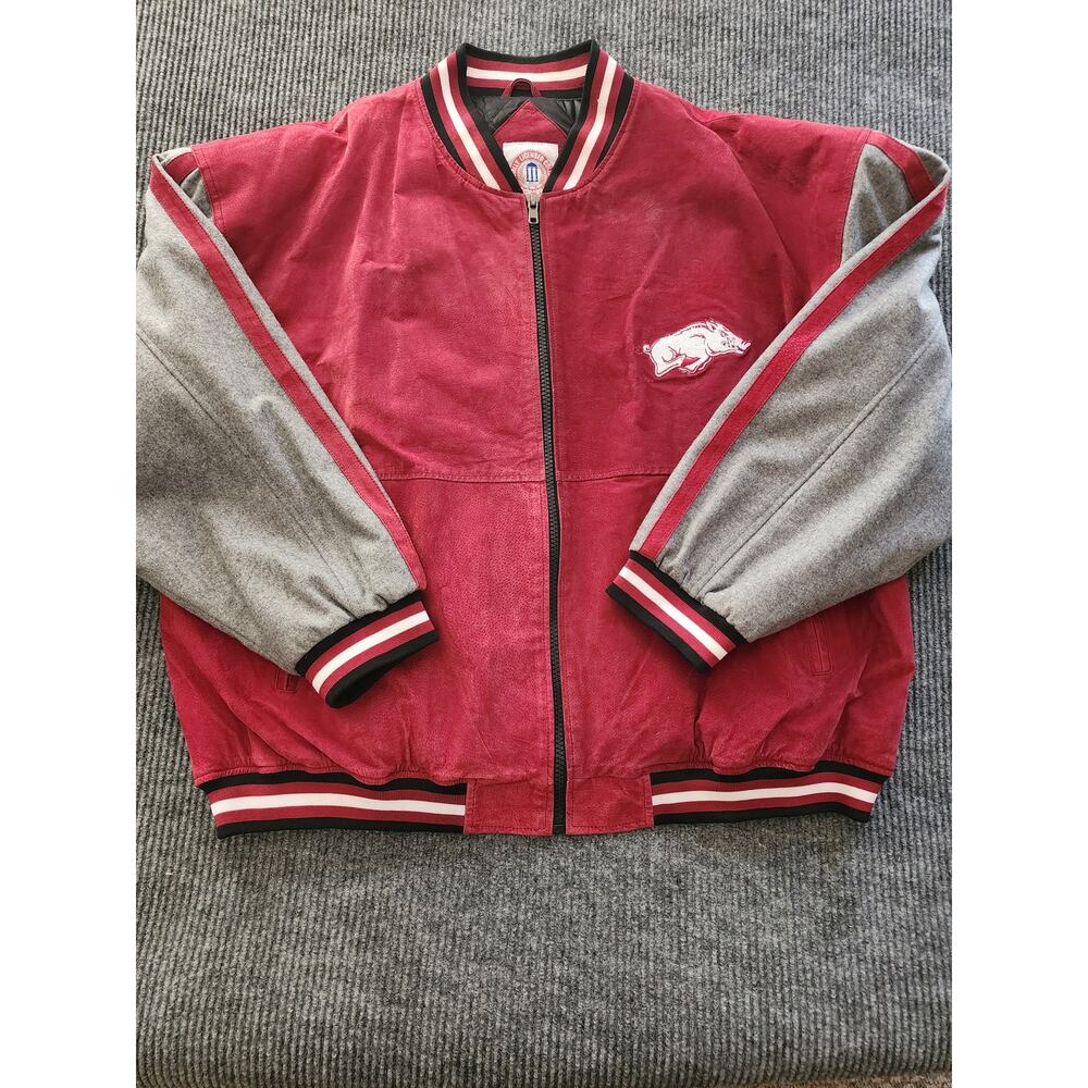 Arkansas Razorbacks XXL Red Gray Leather Suede Quilted Bomber Jacket Collegiate